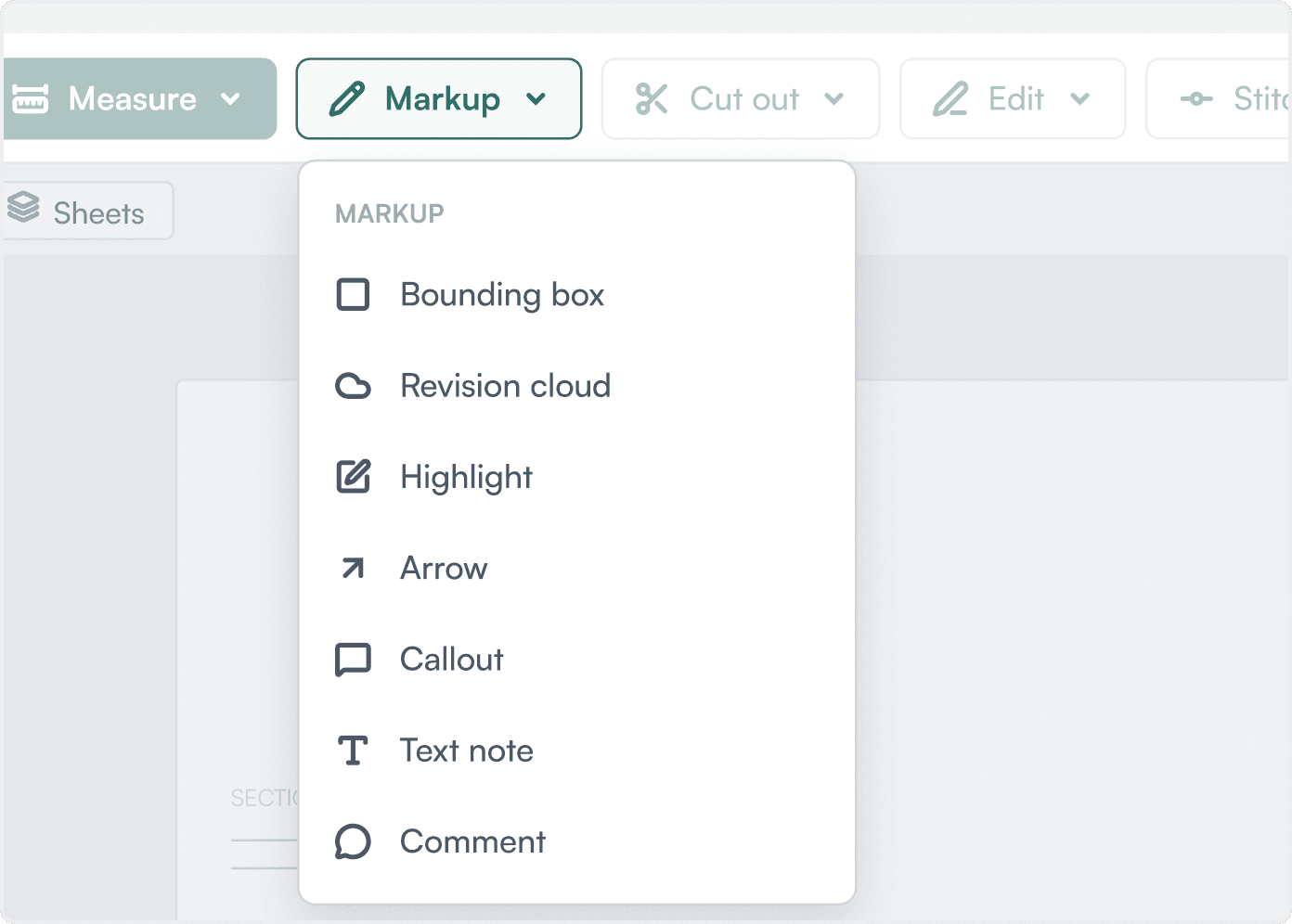 Drawing markup tools for measuring and annotating sheets